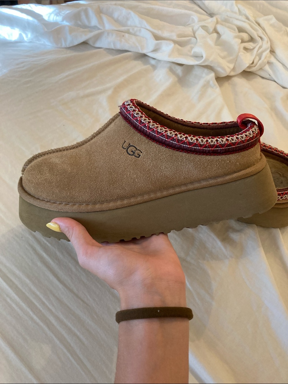 UGG Kids Chestnut Suede Slip-On Platform Clog with Red Trim